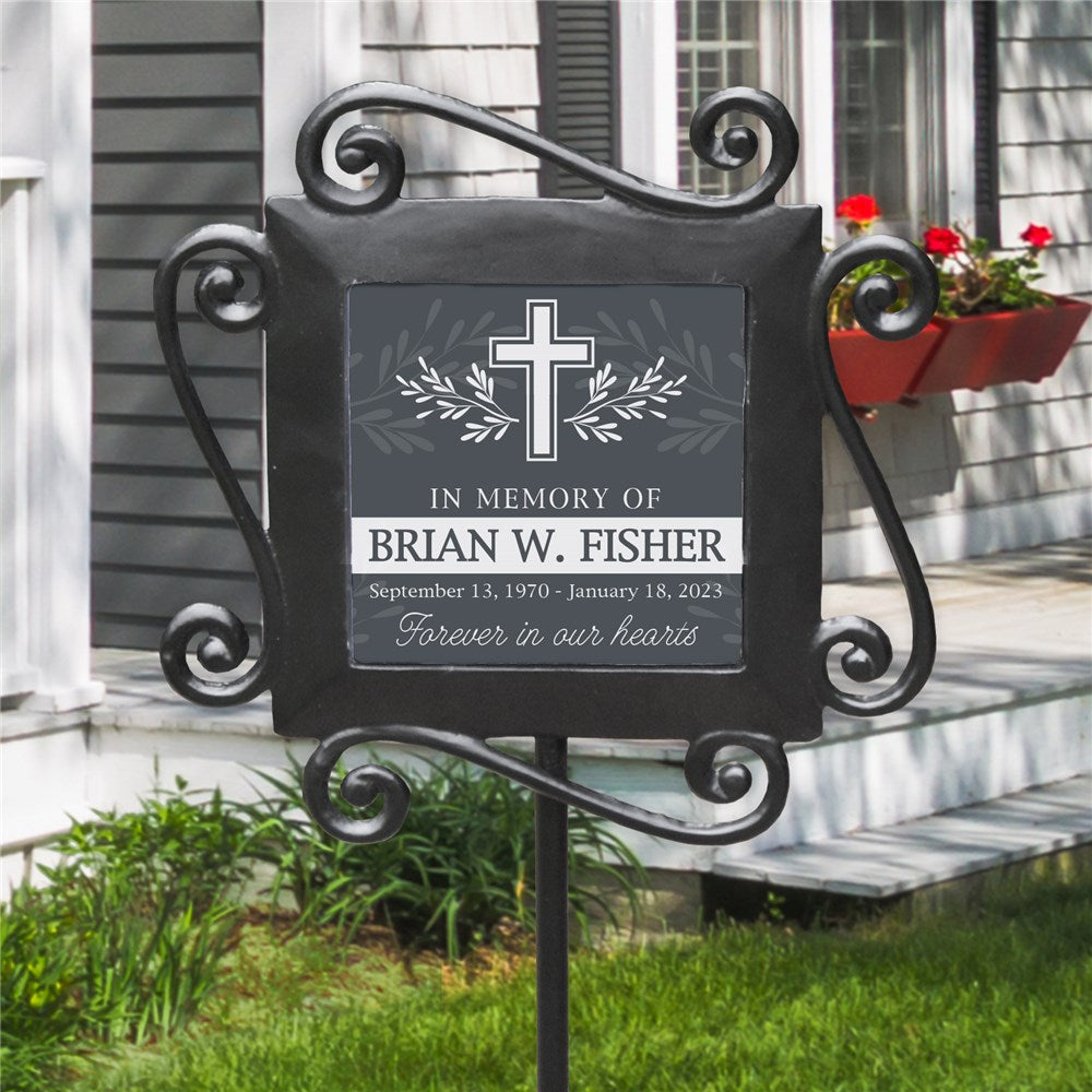 Personalized Cross With Leaves Memorial Garden Stake