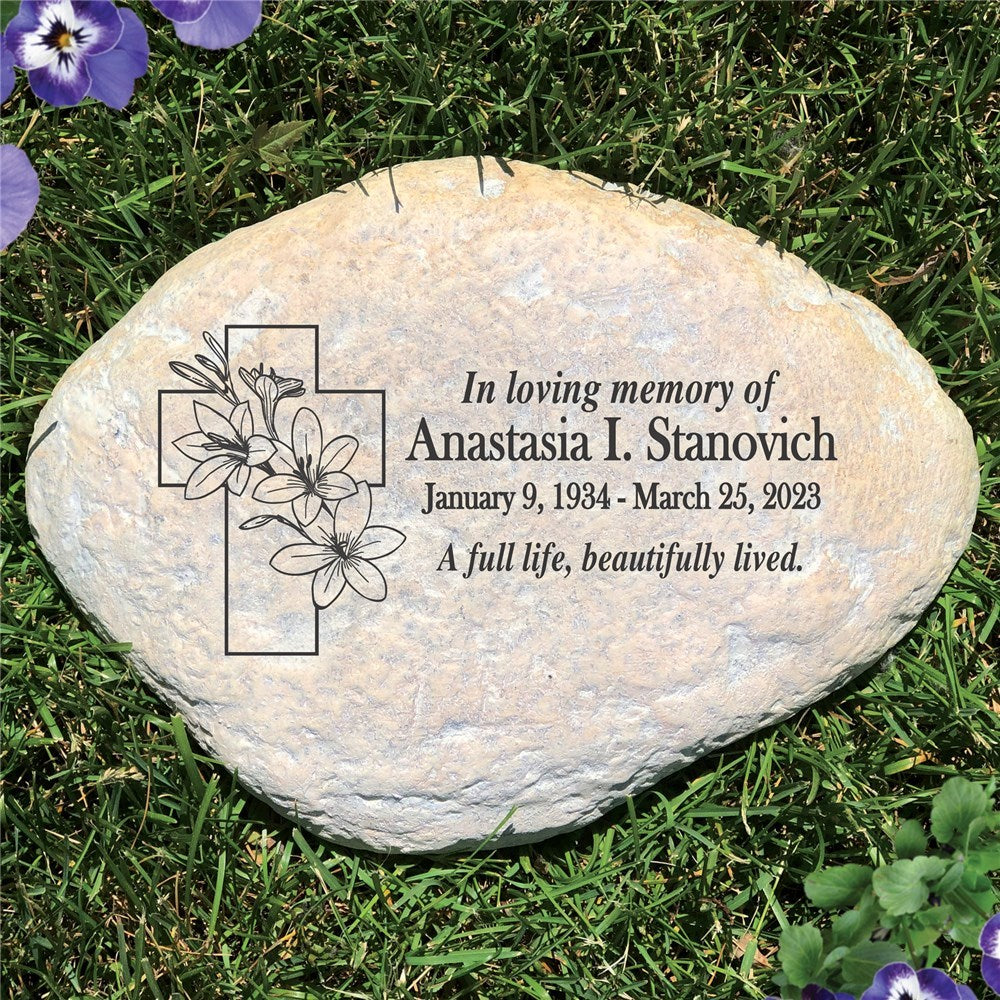 Floral Cross Personalized Memorial Garden Stone