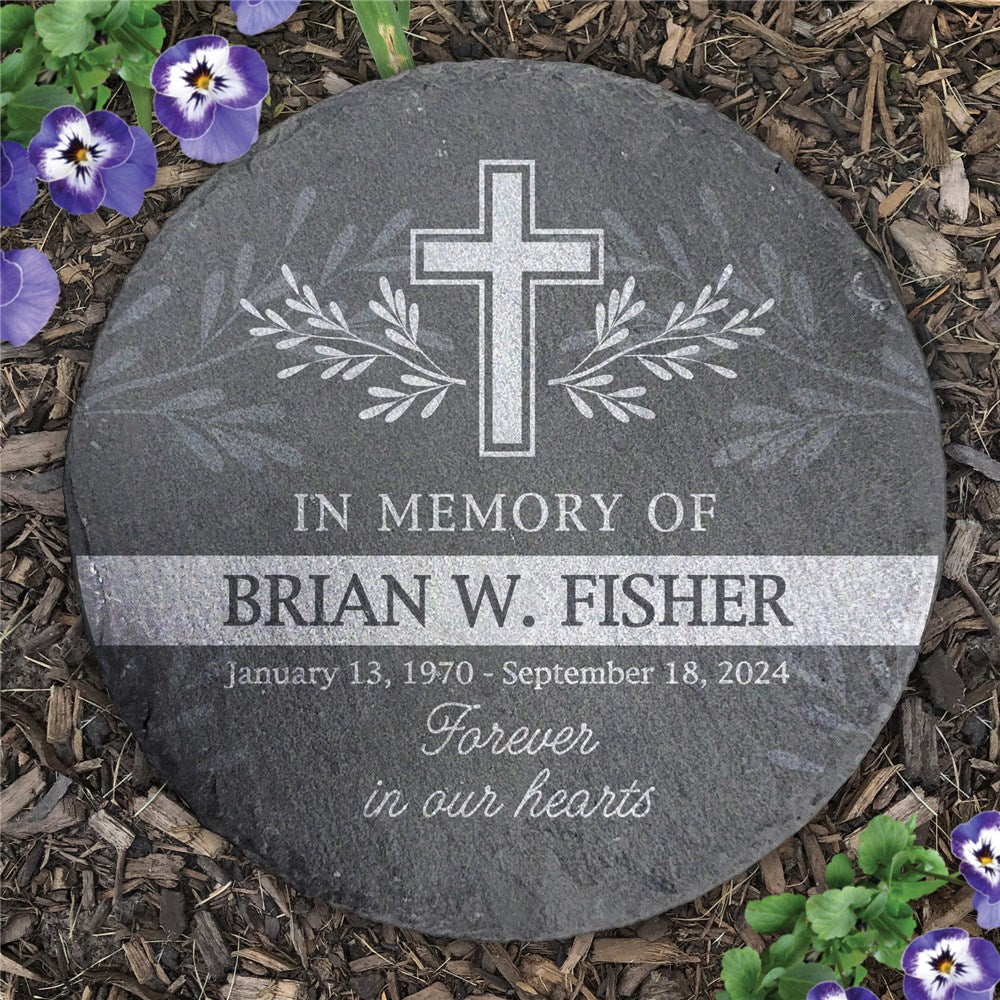 Personalized Cross with Leaves Memorial Round Slate Stone